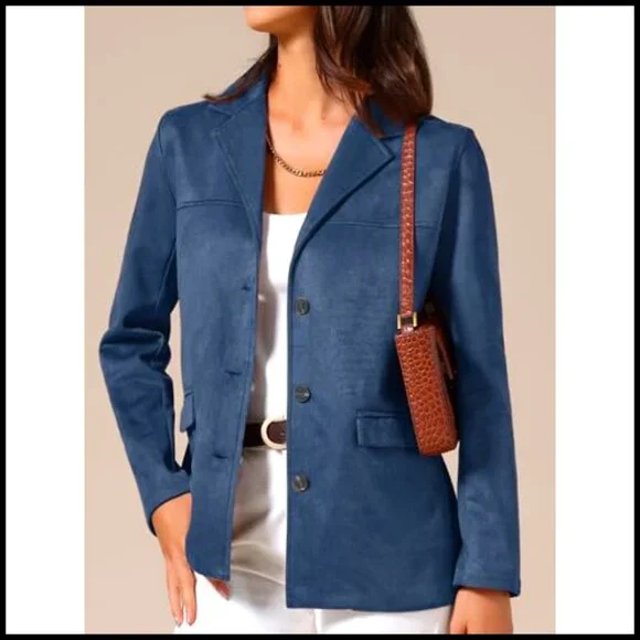Faux Suede Blazer Lapel Open Front Long Sleeve Business Casual Office Jacket